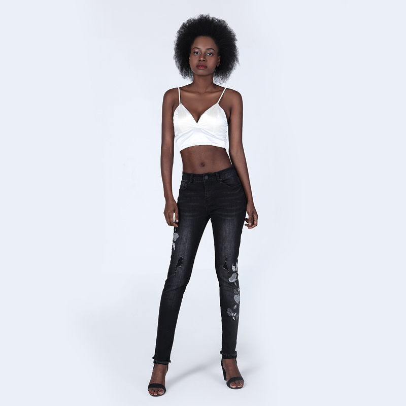 Black Embroidered Mid-rise Skinny Jeans for women
